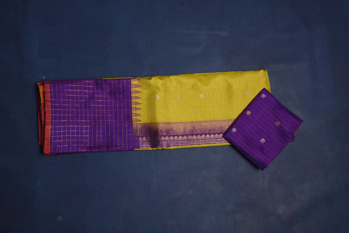 90M073 Pista Green Gadhwal Silk Sari with Purple Border and Pallu