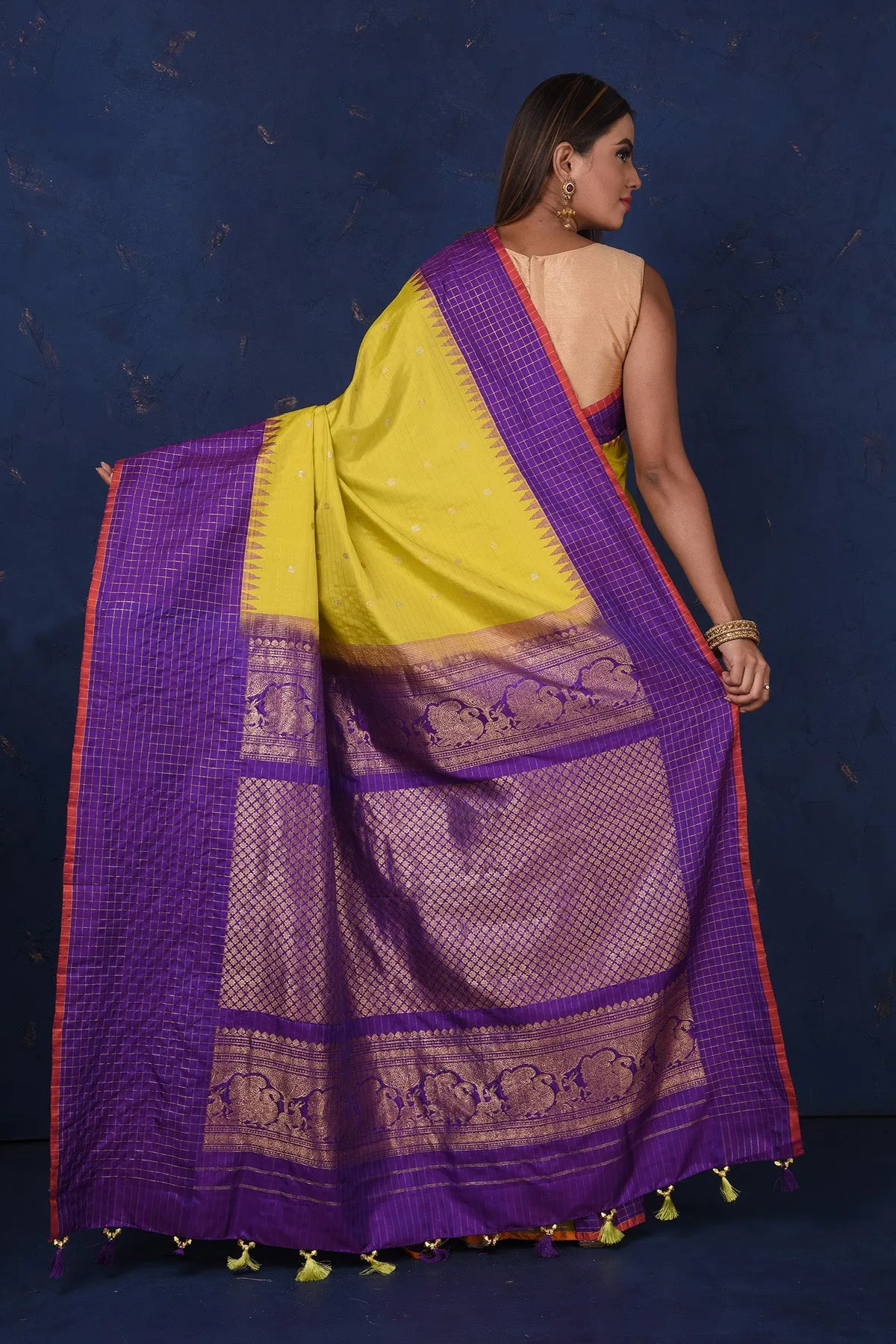 90M073 Pista Green Gadhwal Silk Sari with Purple Border and Pallu