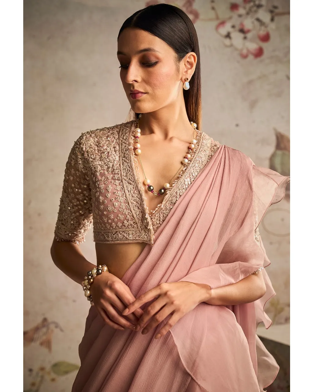 Belle Dusky Pink Heavy Embroidery Blouse & Ruffle Sari Set