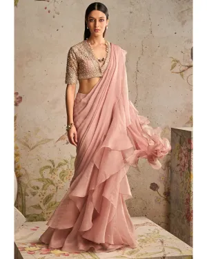 Belle Dusky Pink Heavy Embroidery Blouse & Ruffle Sari Set