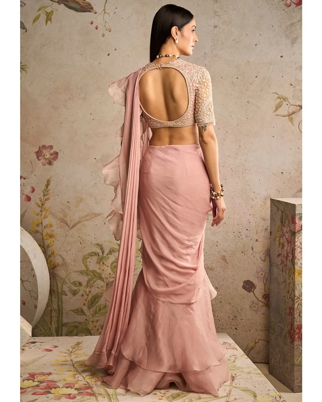 Belle Dusky Pink Heavy Embroidery Blouse & Ruffle Sari Set