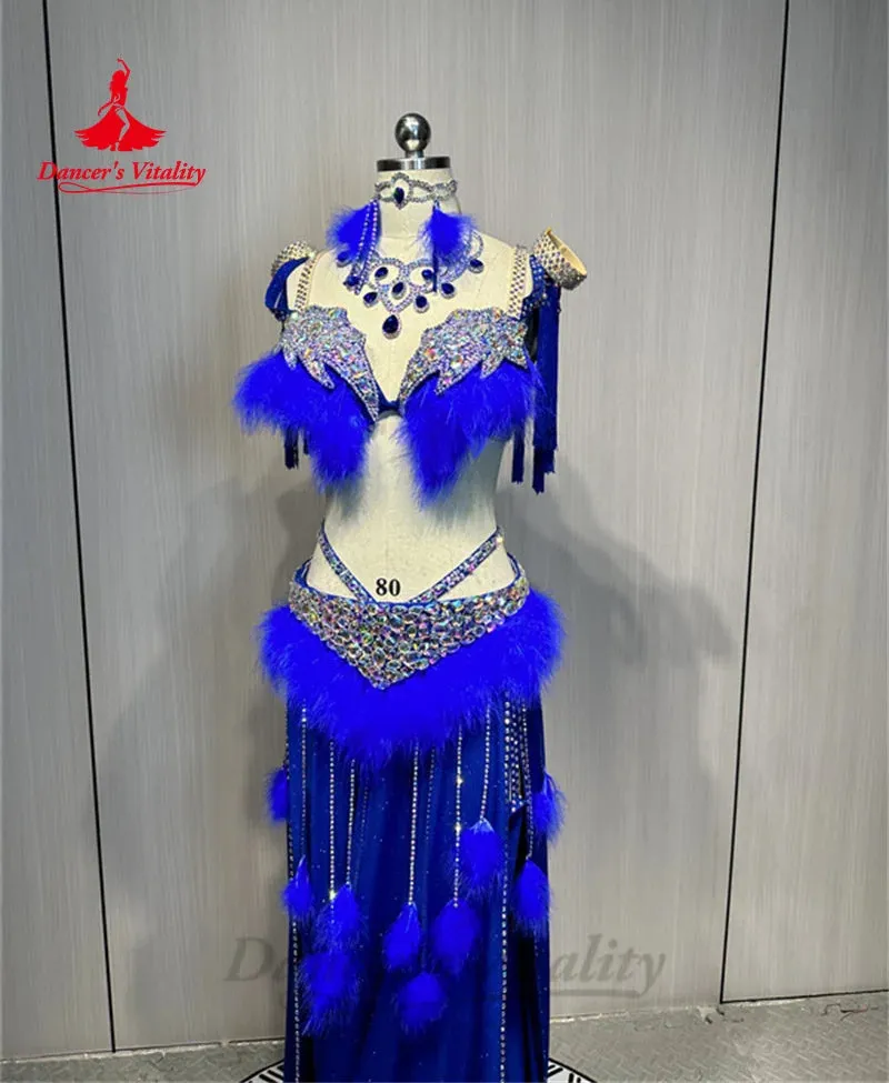 Bellydance Clothing Women's Customized Diamond Bra feathers Tassels Skirt Set Oriental Dance Professional Performance Clothing