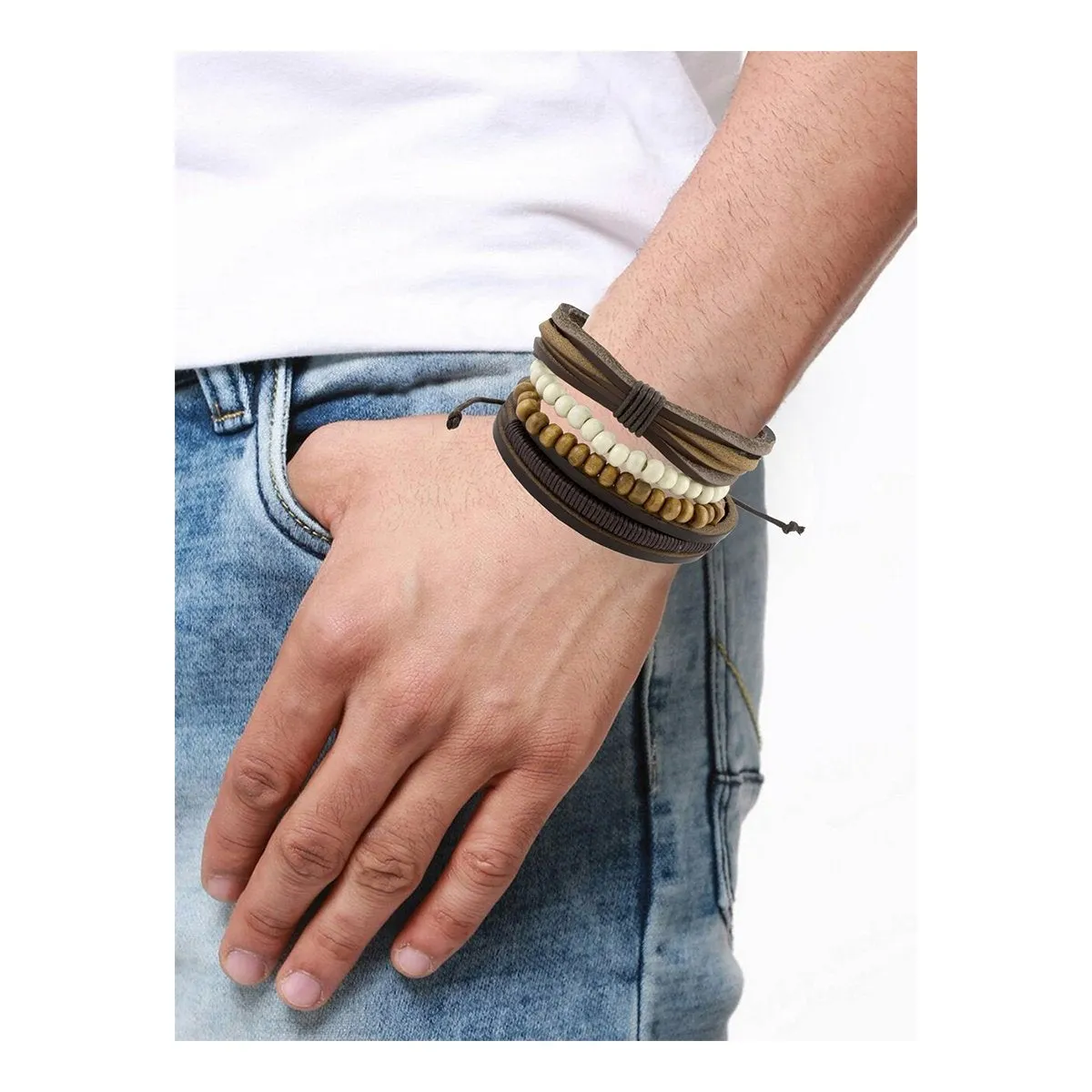 Biker Multi Strand Brown Bead Leather Wrist Band Strap Bracelet Men