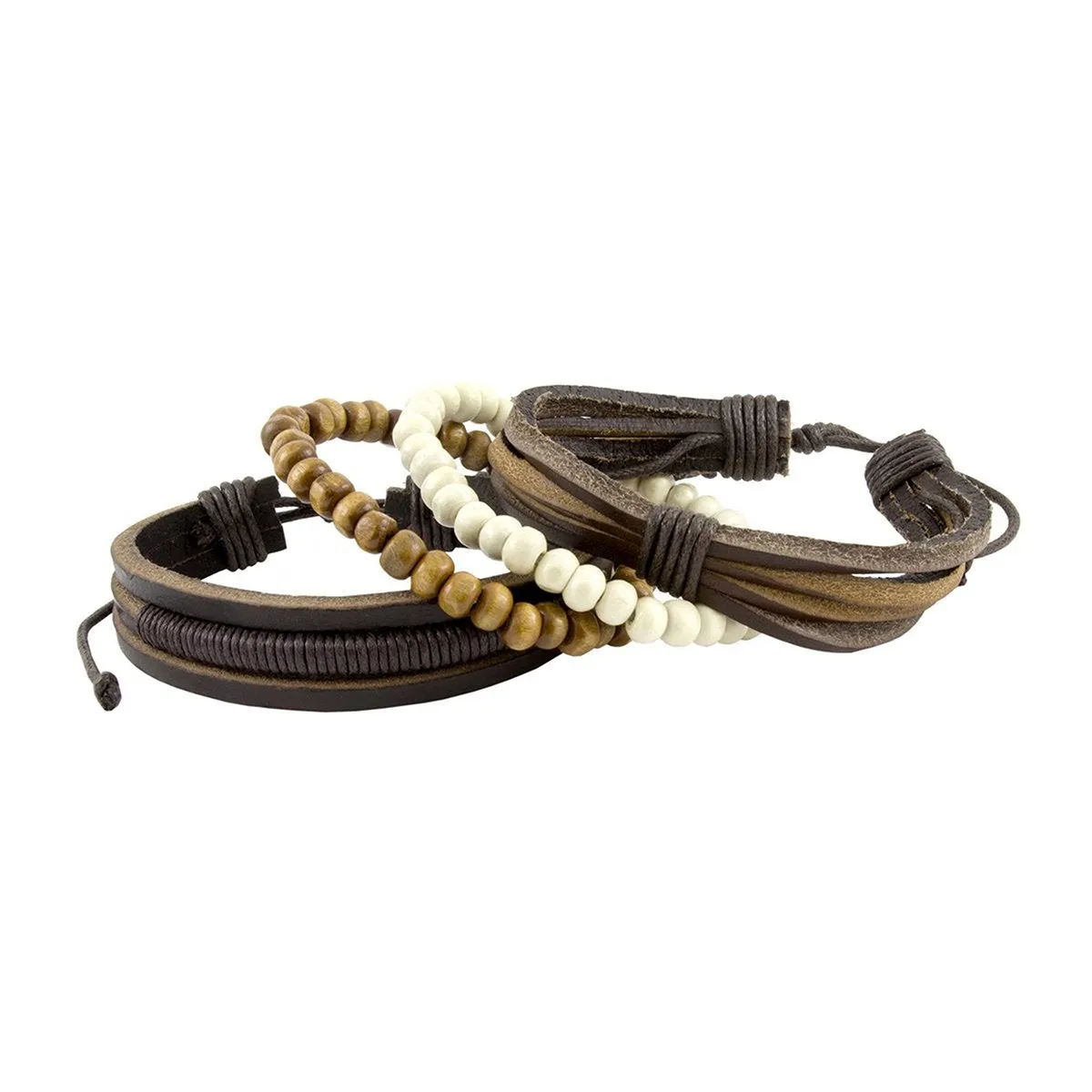 Biker Multi Strand Brown Bead Leather Wrist Band Strap Bracelet Men