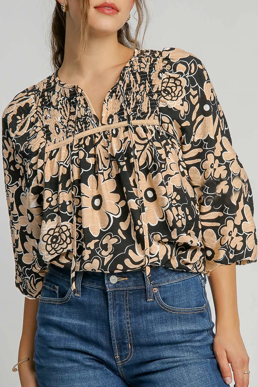 Black Floral Shirred Yoke Bracelet Sleeve Split Neck Boho Blouse