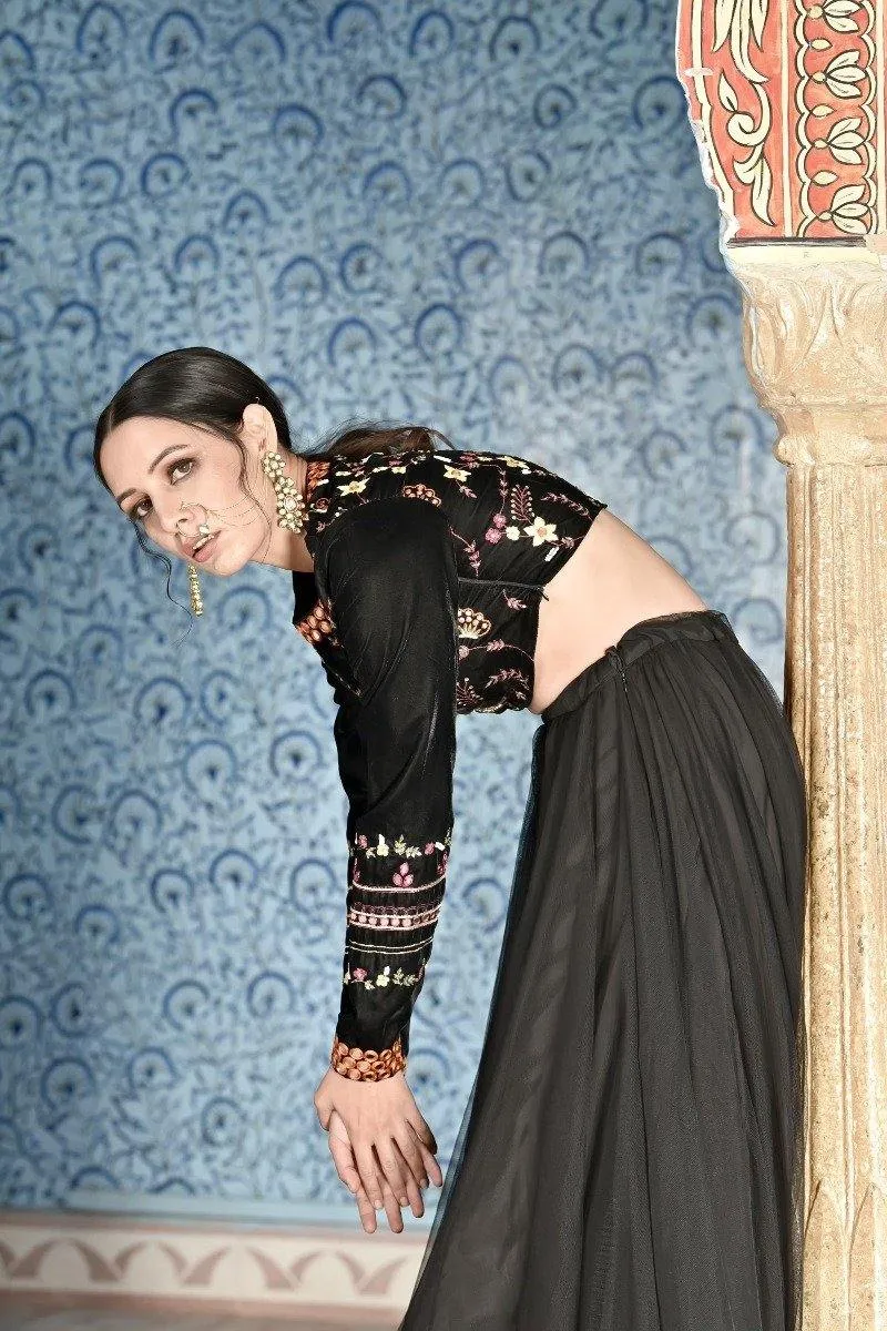 Black Tulle Lehenga and Dupatta with Velvet Choli