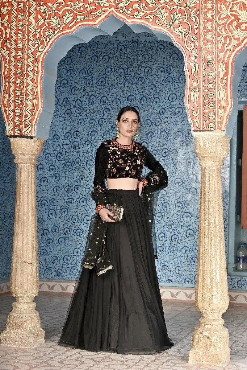 Black Tulle Lehenga and Dupatta with Velvet Choli