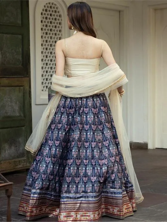 Blue And cream silk printed lehenga choli