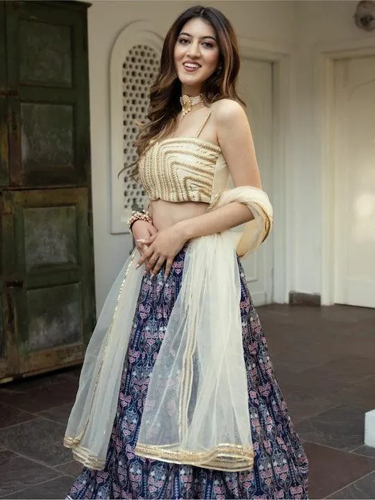 Blue And cream silk printed lehenga choli