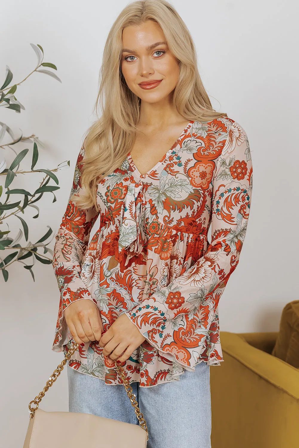 Celeste Floral V Neck Knot Bell Sleeve Blouse