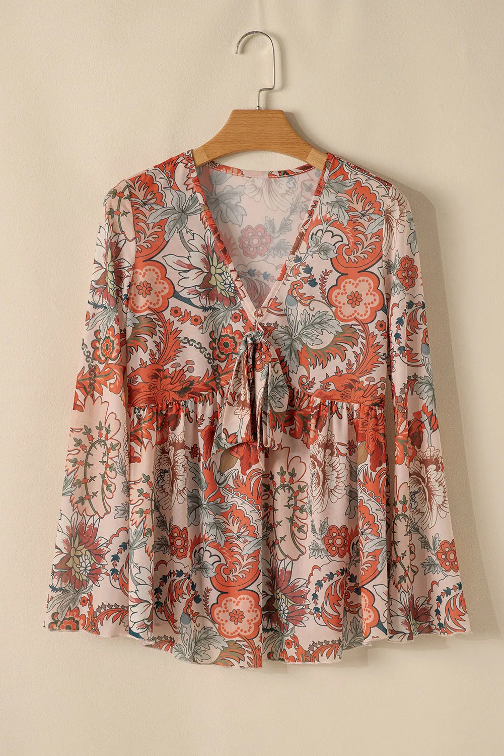 Celeste Floral V Neck Knot Bell Sleeve Blouse