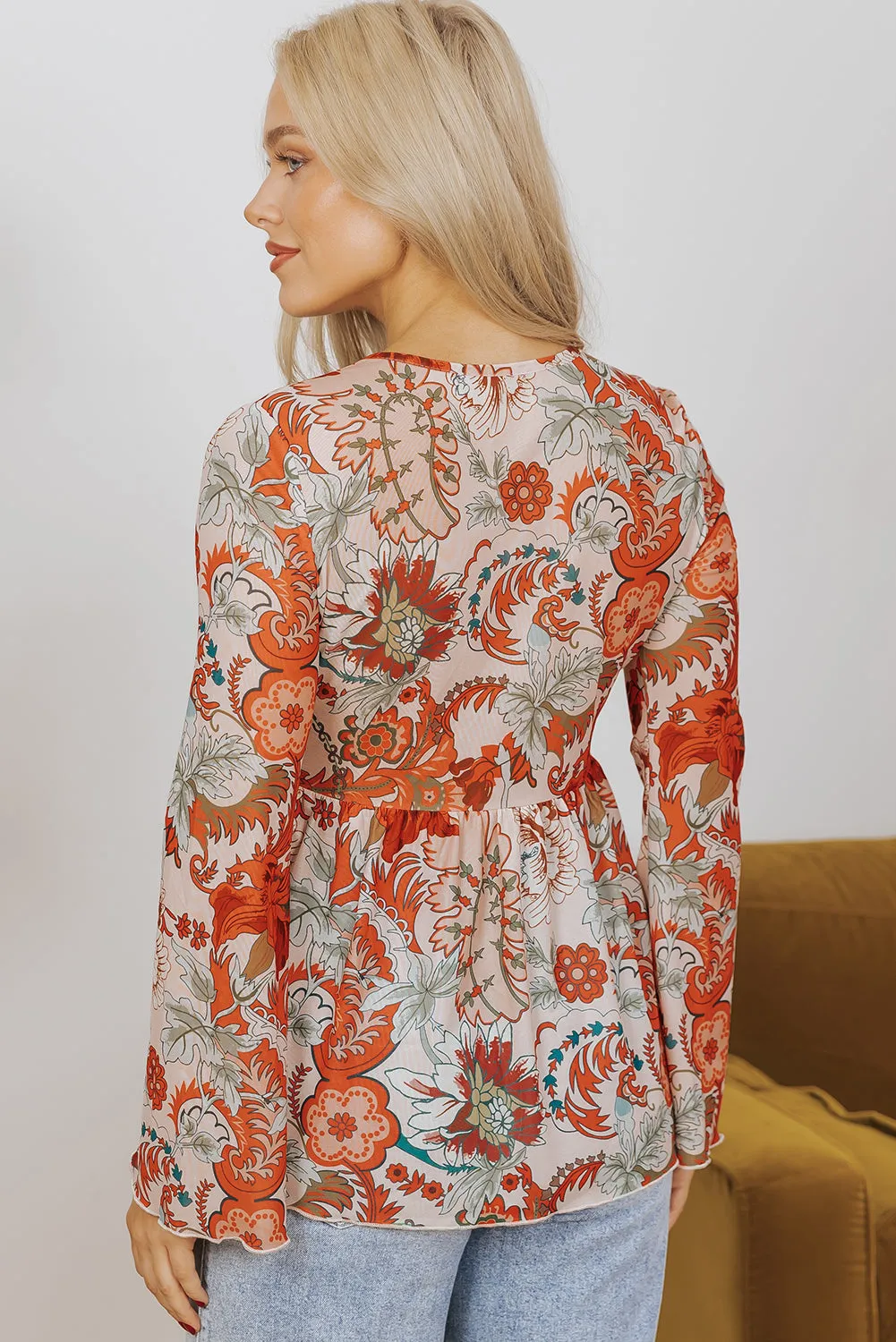 Celeste Floral V Neck Knot Bell Sleeve Blouse