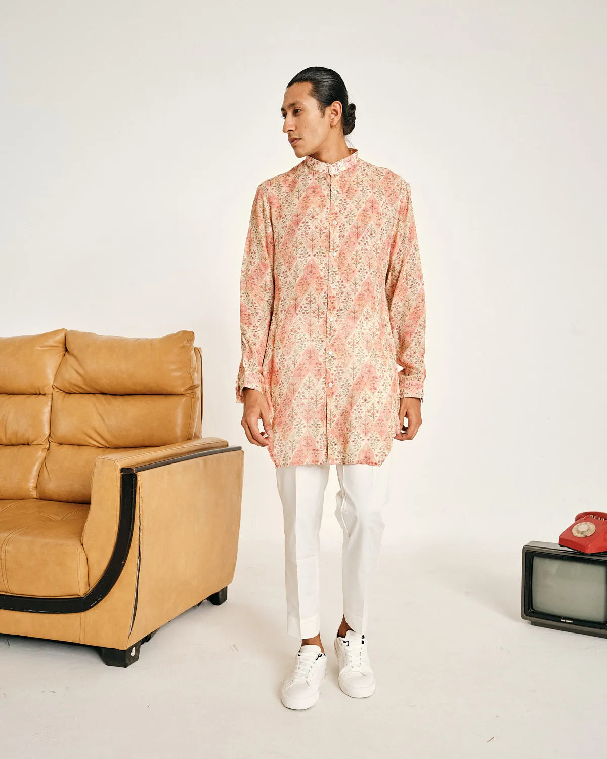 Cream and Peach Gul Malai Cotton Kurta Pajama Set