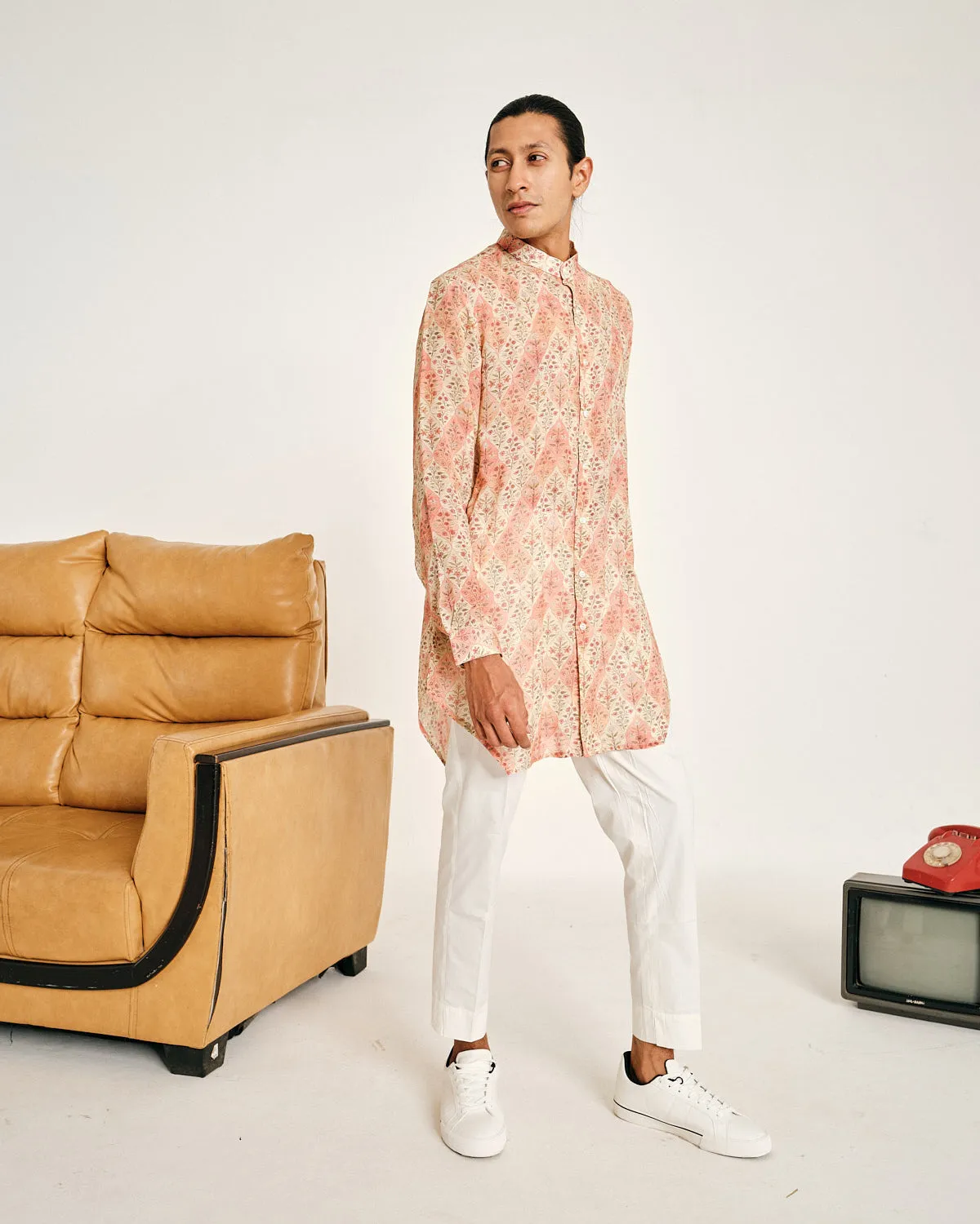 Cream and Peach Gul Malai Cotton Kurta Pajama Set