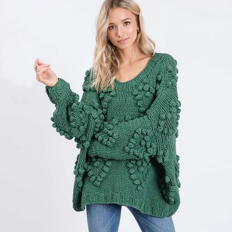 Cute Heart Shaped Popcorn Knit Crew Neck Handmade Chunky Sweater