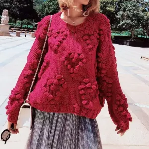 Cute Heart Shaped Popcorn Knit Crew Neck Handmade Chunky Sweater