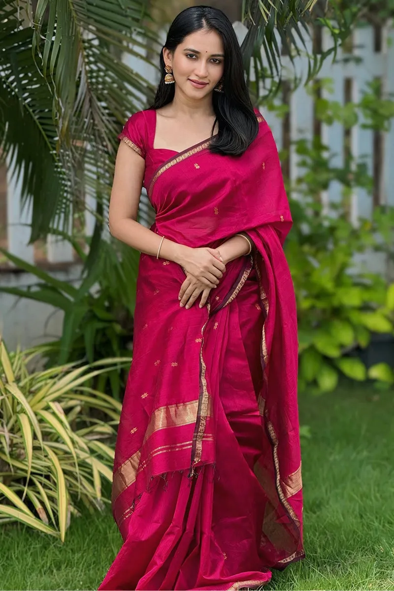 Deserving Dark Pink Cotton Silk Saree With Gorgeous Blouse Piece