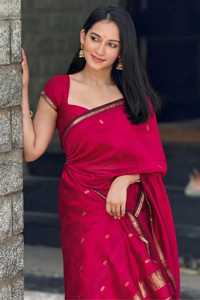 Deserving Dark Pink Cotton Silk Saree With Gorgeous Blouse Piece