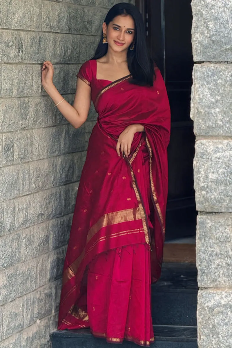 Deserving Dark Pink Cotton Silk Saree With Gorgeous Blouse Piece