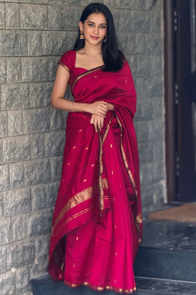 Deserving Dark Pink Cotton Silk Saree With Gorgeous Blouse Piece