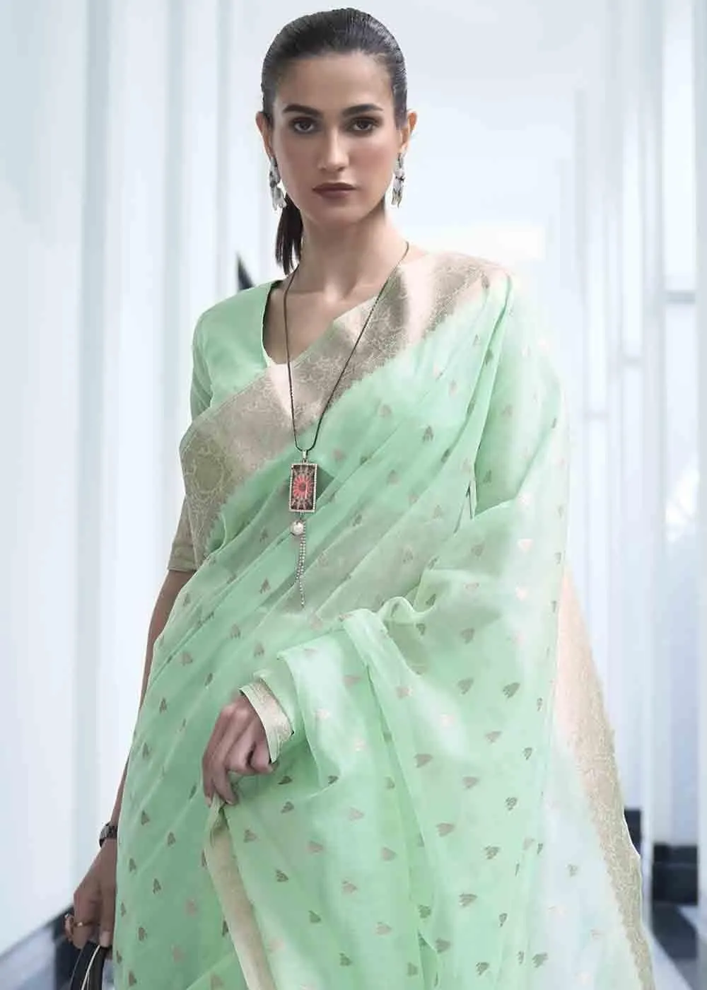 Designer Mint Green Silk Saree with Stitched Blouse