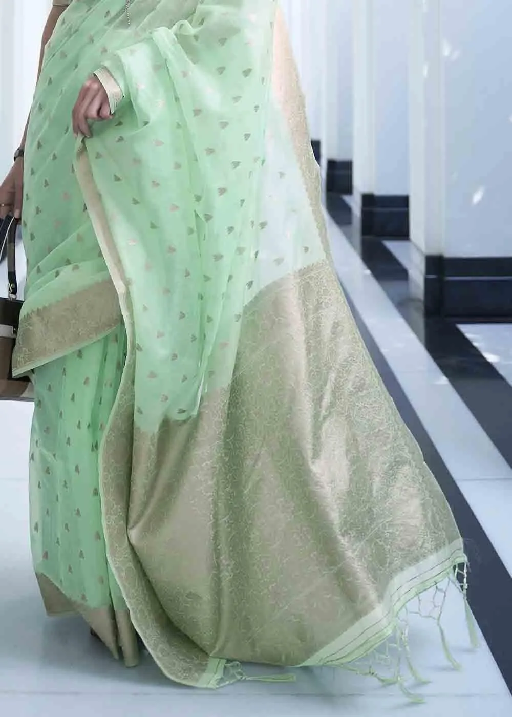 Designer Mint Green Silk Saree with Stitched Blouse