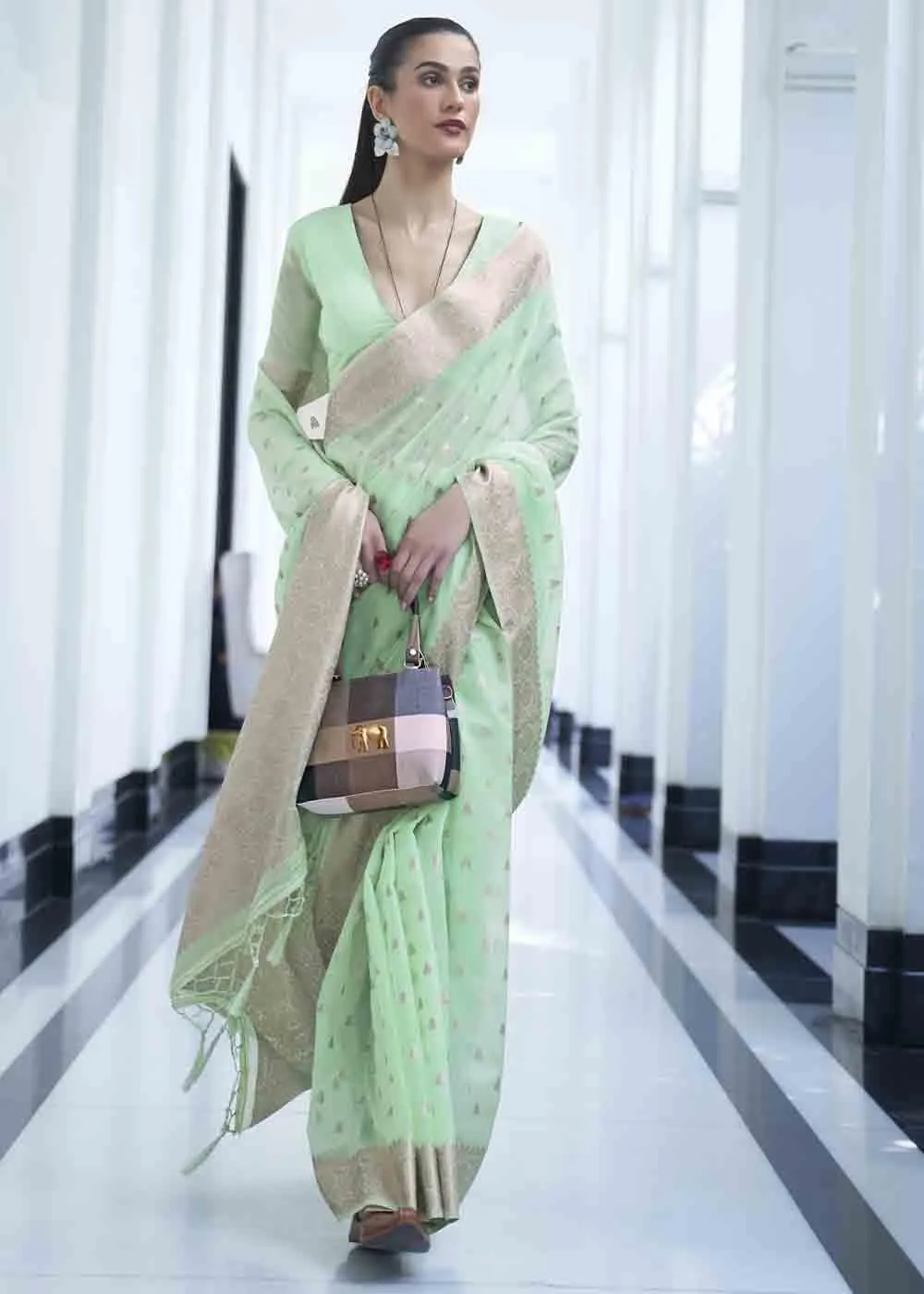 Designer Mint Green Silk Saree with Stitched Blouse