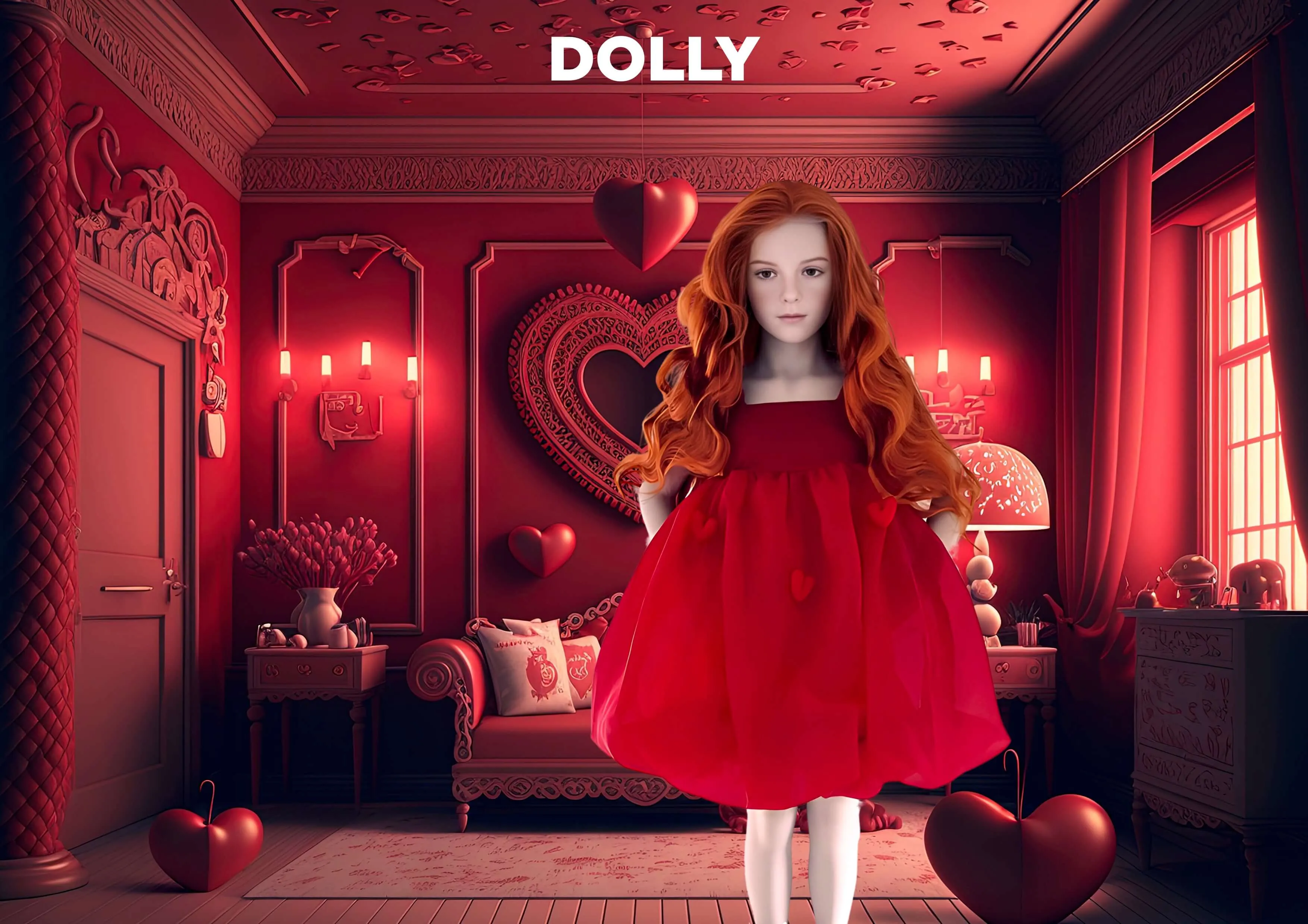 DOLLY WORLD HEART BALLOON ORGANZA DRESS WITH COTTON BODY red