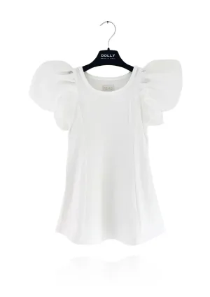 DOLLY WORLD SHORT PUFF SLEEVE ORGANZA DRESS WITH COTTON BODY white