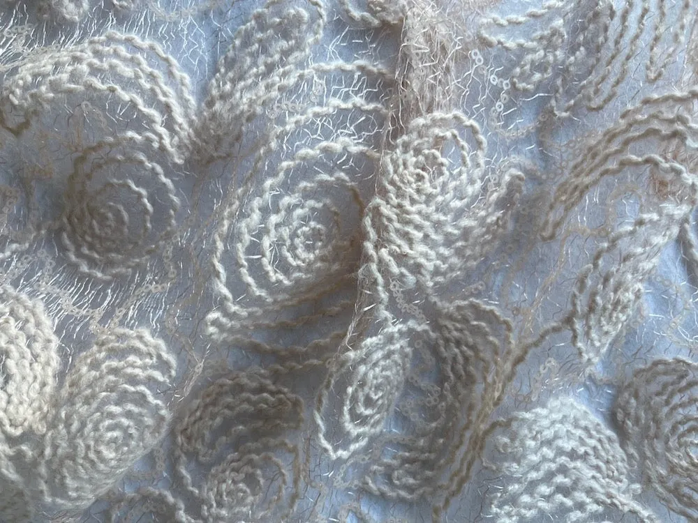 Ethereal Blushed Beige Spiral Acrylic Mesh Fabric (Made in Italy)