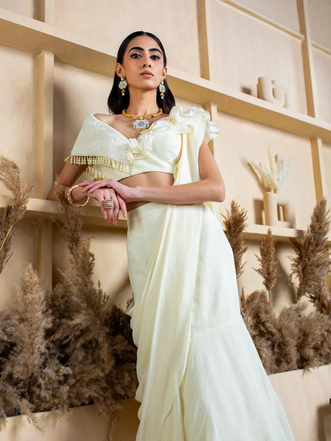 Fish Cut Drape Saree with Pearl Blouse