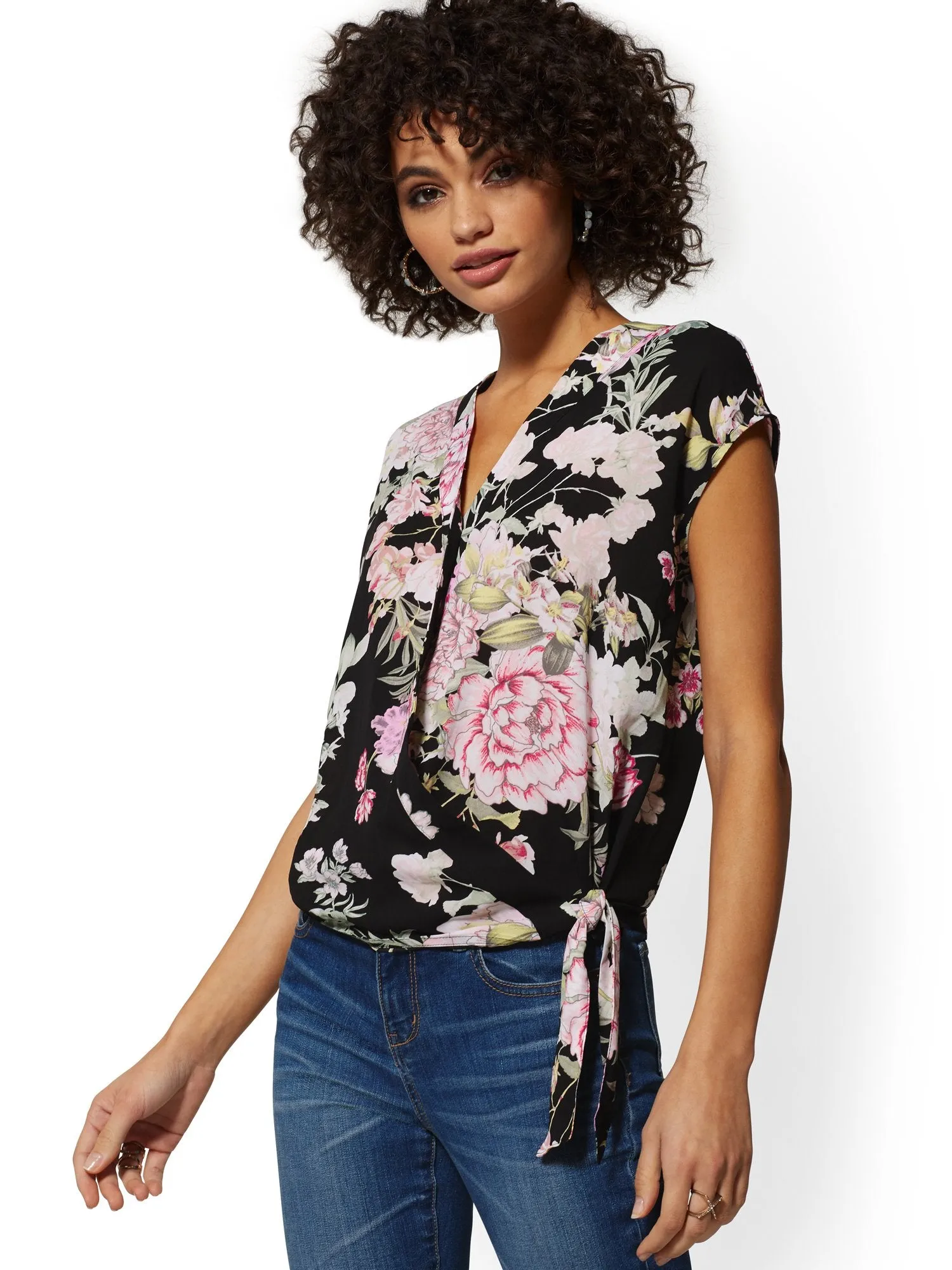 Floral Tie-Front Wrap Blouse