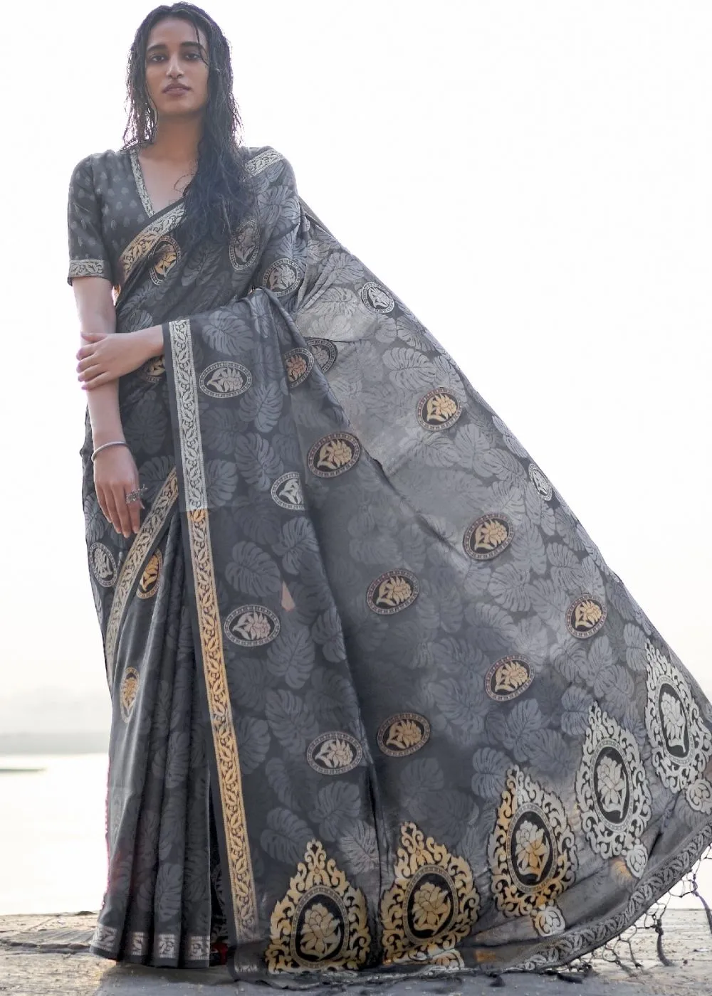 Fossil Grey Printed Satin Silk Saree