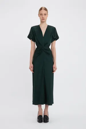 Gathered V-Neck Midi Dress In Seaweed