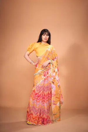 Golden Yellow Floral Printed Chiffon Saree With Pearl Lace