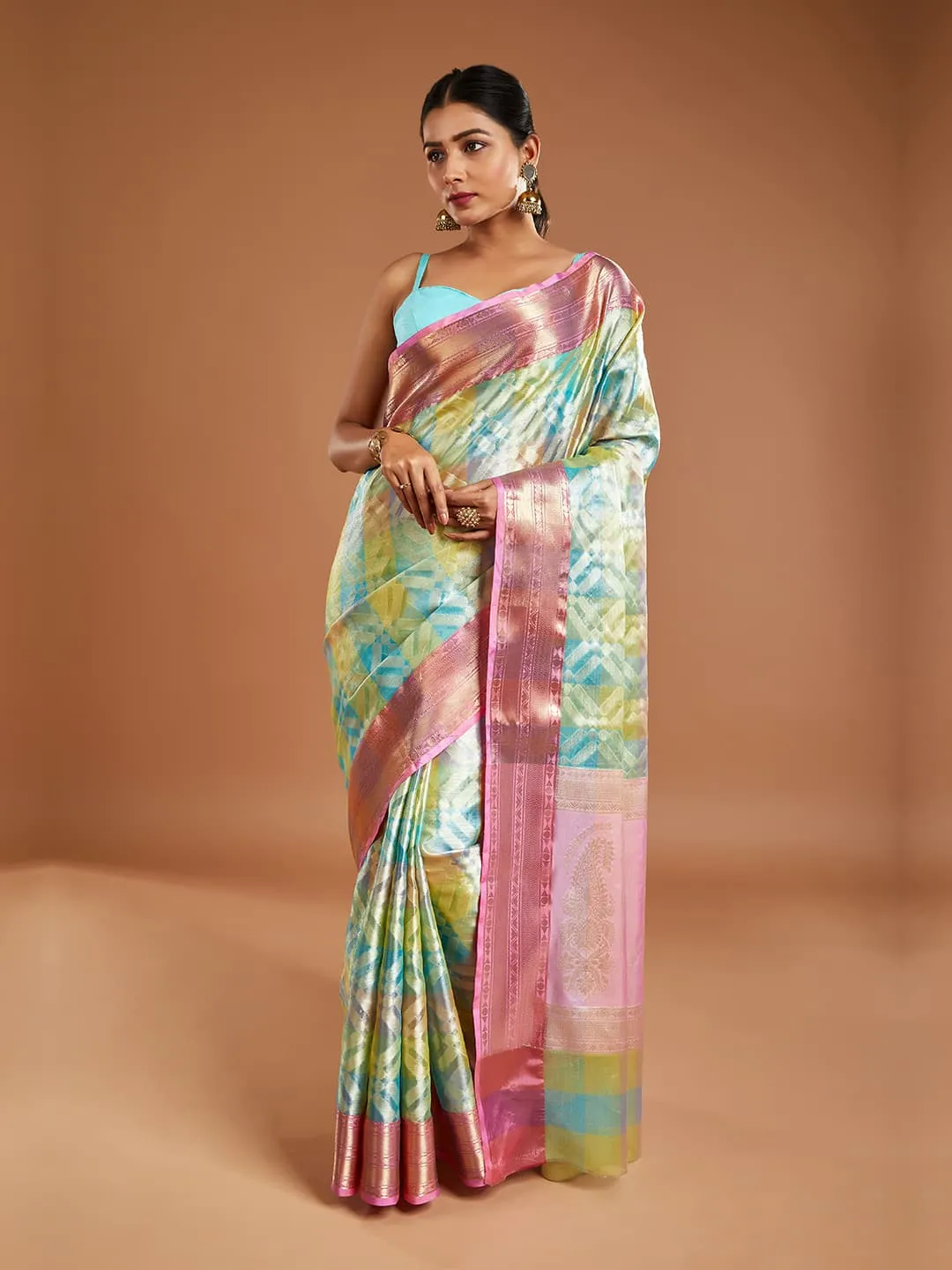 Graceful Blue Tissue Saree with Pink Border