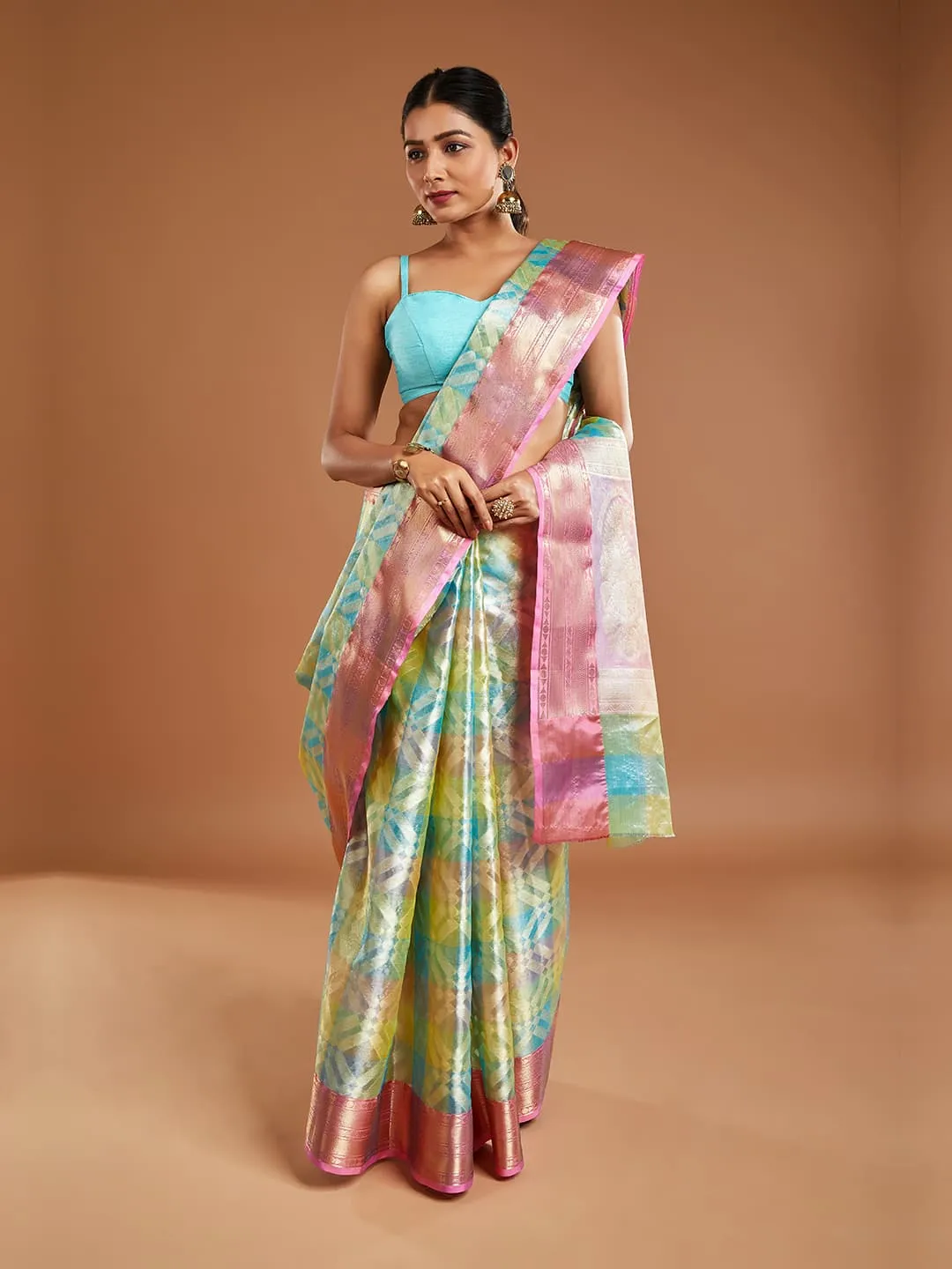 Graceful Blue Tissue Saree with Pink Border