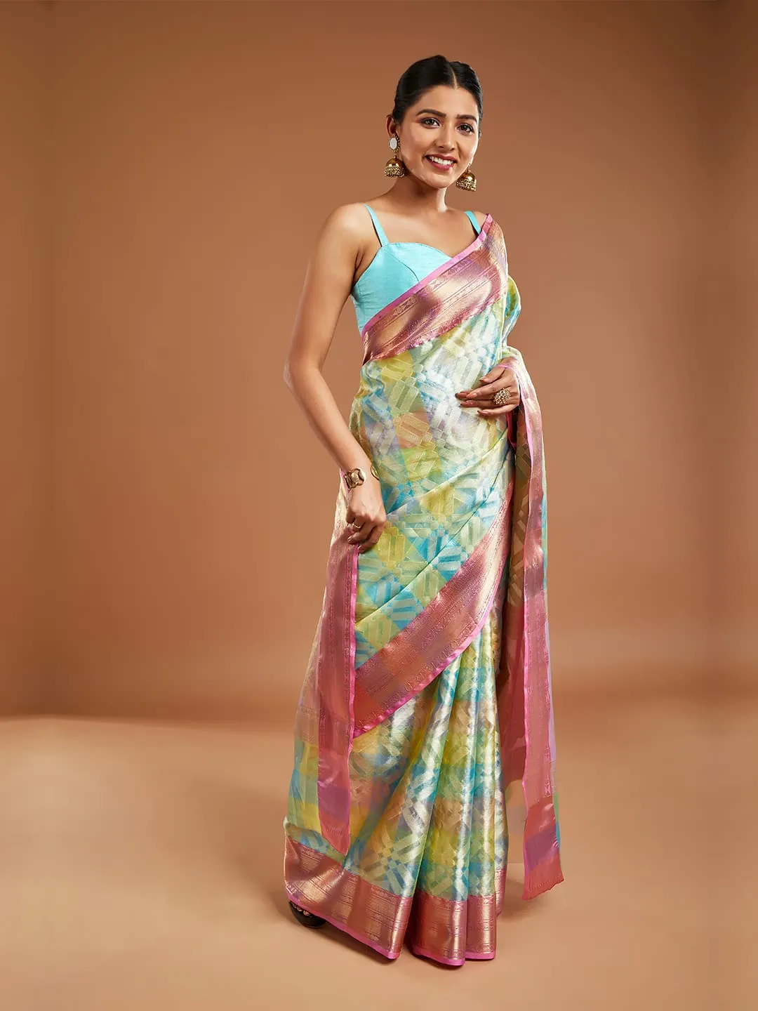 Graceful Blue Tissue Saree with Pink Border