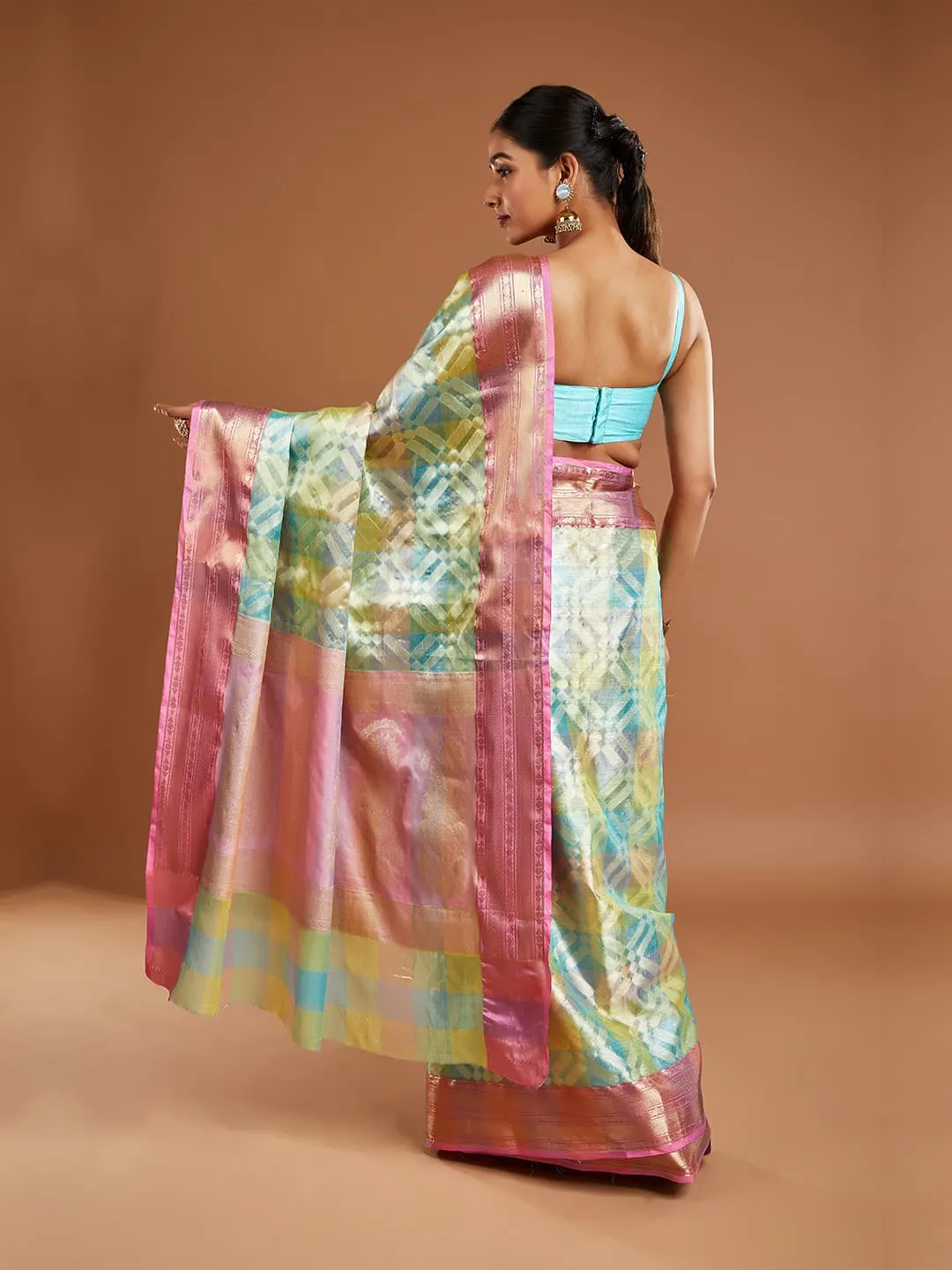 Graceful Blue Tissue Saree with Pink Border