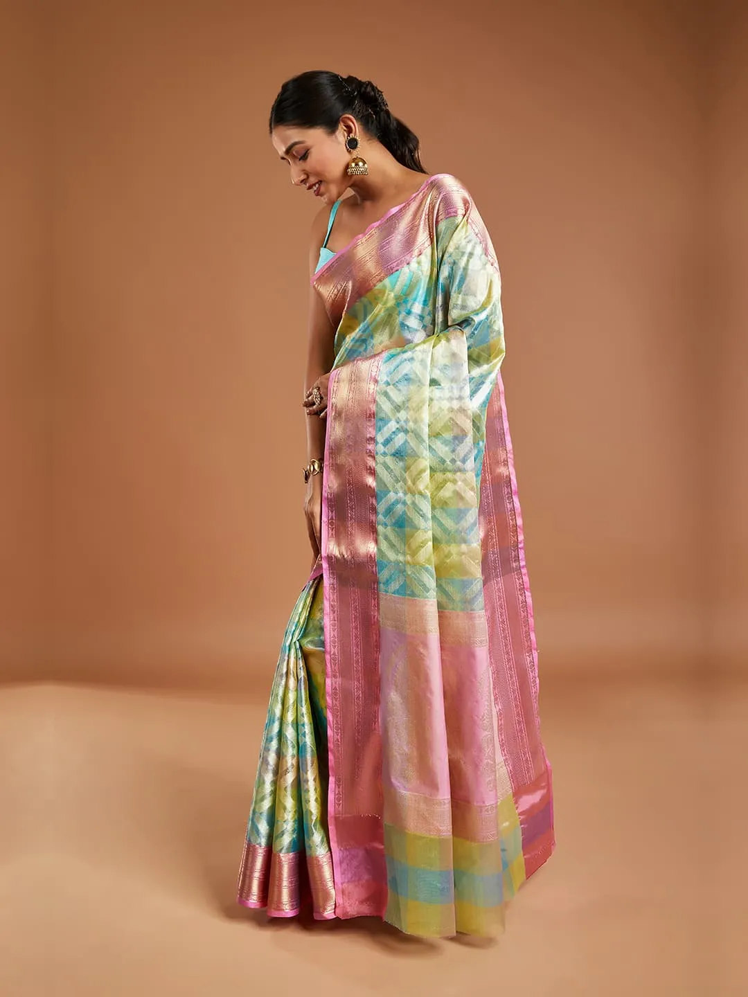 Graceful Blue Tissue Saree with Pink Border