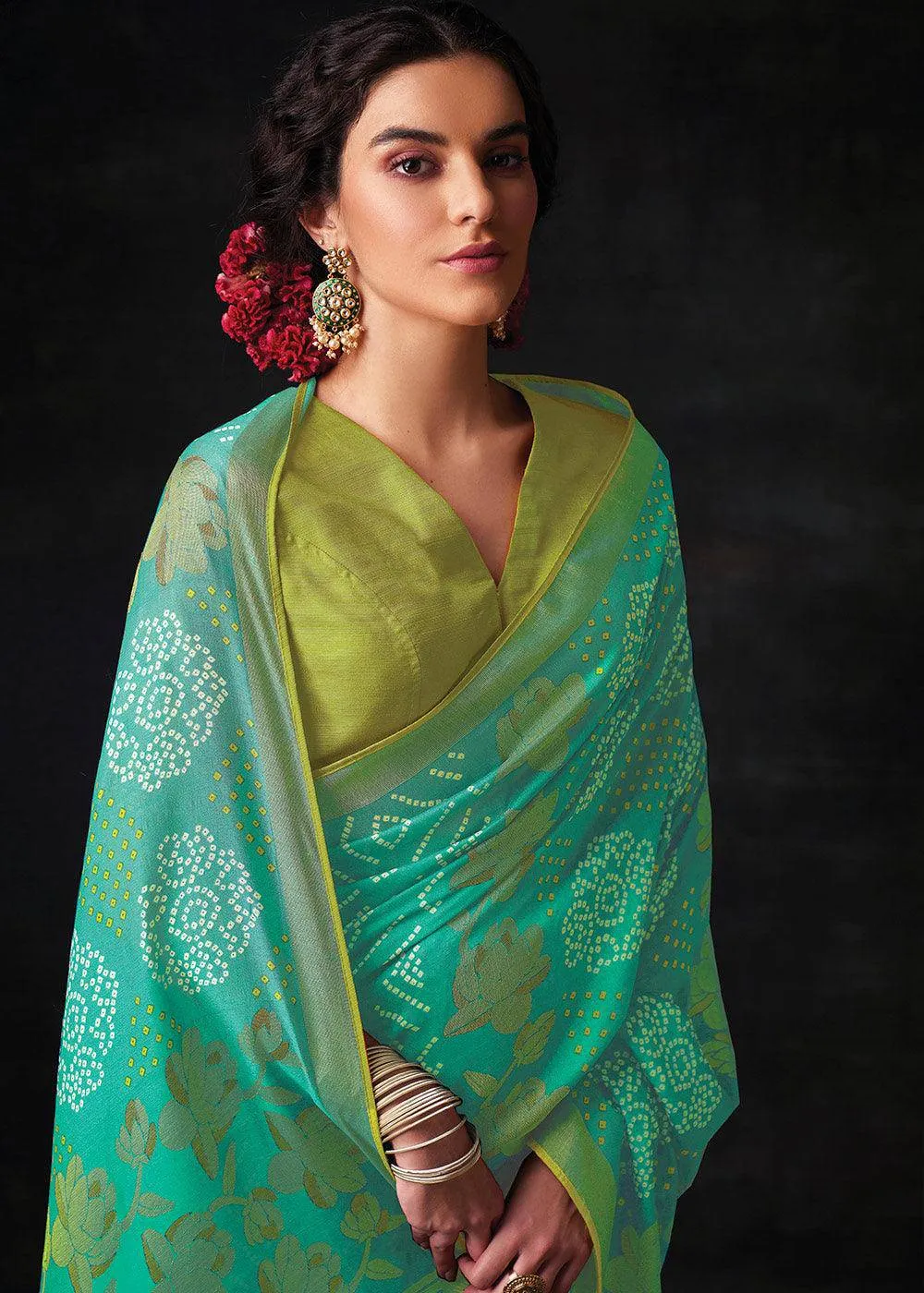 Light Turquoise Blue Bandhani Silk Saree