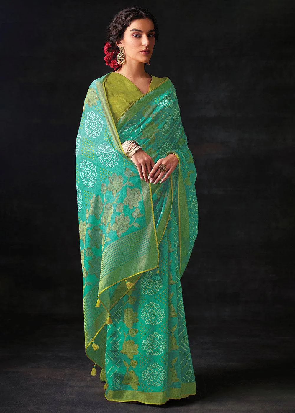 Light Turquoise Blue Bandhani Silk Saree