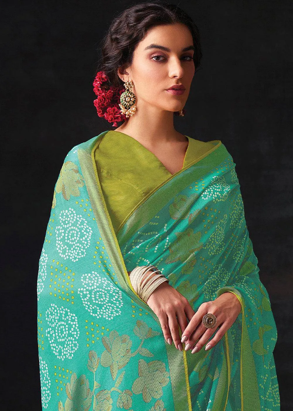 Light Turquoise Blue Bandhani Silk Saree