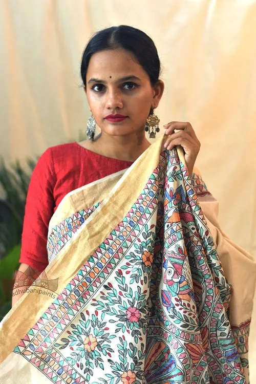 Madhubani Paints Peacock on Tree Madhubani Handpainted Saree