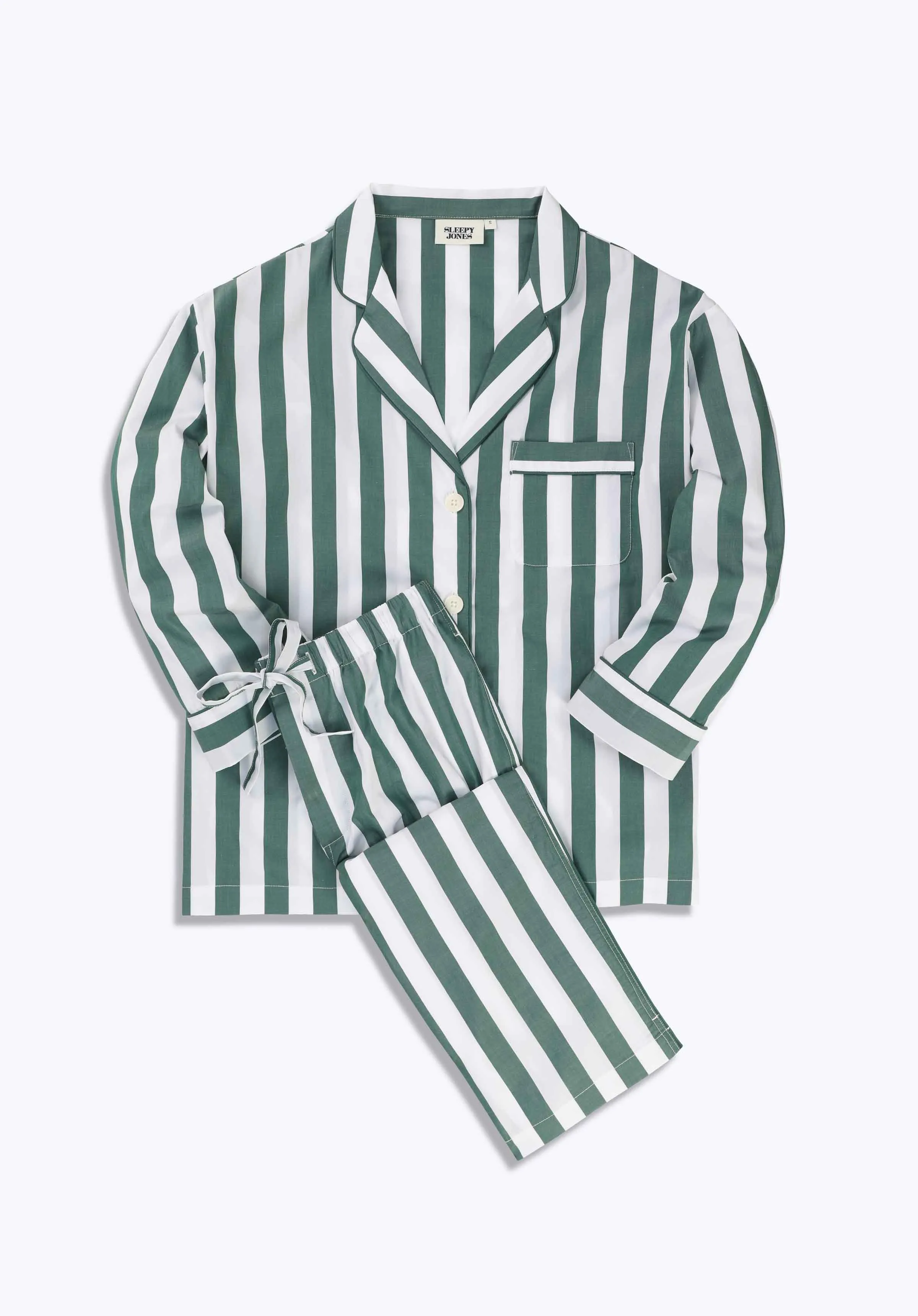 Marina Pajama Set in Green & White Tent Stripe