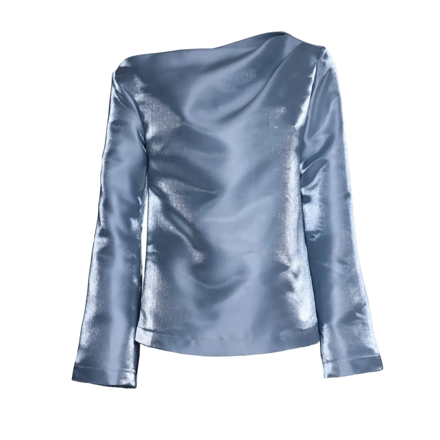 Modern Boat Neck Blouse With Gentle Sheen Metallic Blue