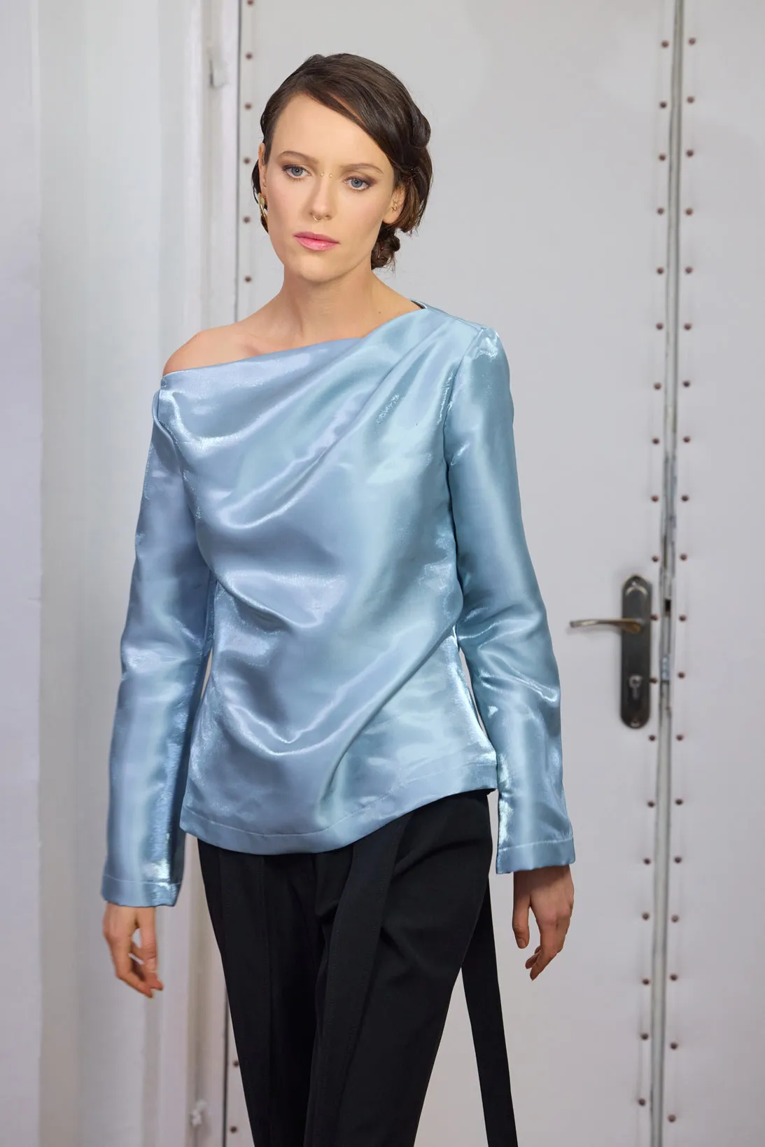 Modern Boat Neck Blouse With Gentle Sheen Metallic Blue