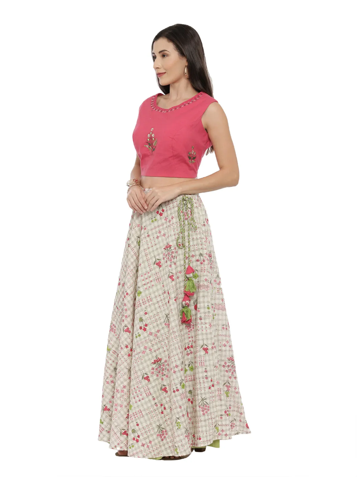 Neerus Beige  Pink Embroidered Mirror Work Ready to Wear Lehenga Blouse With Dupatta