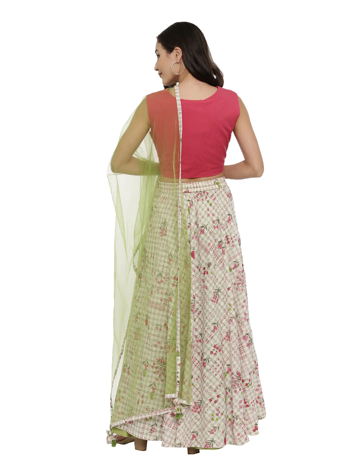 Neerus Beige  Pink Embroidered Mirror Work Ready to Wear Lehenga Blouse With Dupatta