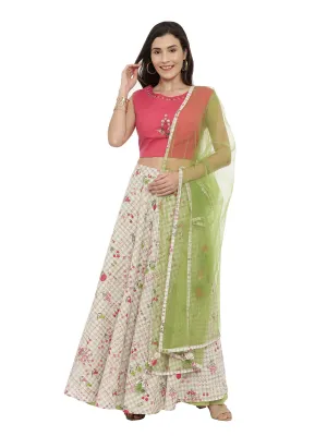 Neerus Beige  Pink Embroidered Mirror Work Ready to Wear Lehenga Blouse With Dupatta